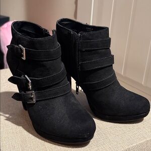 Black Suede Ankle Boots with Buckle Straps